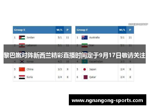 黎巴嫩对阵新西兰精彩直播时间定于9月17日敬请关注